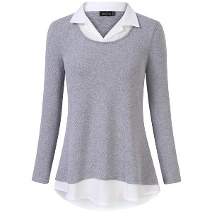 Women's Long Sleeve Contrast Collared Shirts Patchwork Work Blouse Tunics Tops - 1 of 4