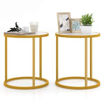 Tangkula 2PCS Marble Top Round Side Table 16"x16" End Table w/ Golden Metal Frame Gold