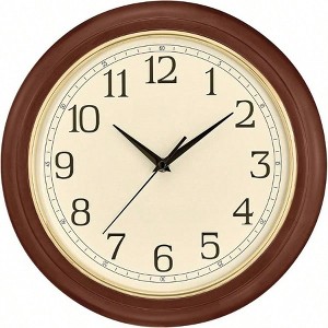 12.4 inch wooden frame analog wall clock sets time automatically quartz movement classic design black brown wood finish - 1 of 4