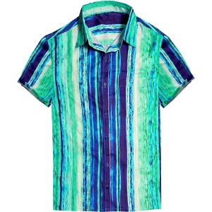 HAPPY BAY Men's Hawaiian Shirt Tropical Pocket Large Stripes Navy - 1 of 4