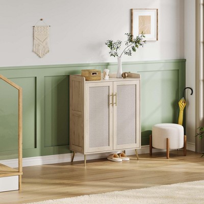 Rattan Shoe Cabinet with Doors, 5-Tier Shoe Storage Organizer, Farmhouse Entryway Hallway Shoe Cabinet