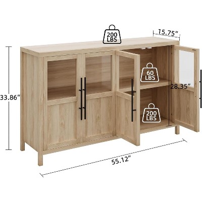 55" Large Buffet Cabinet with 4 Glass Doors, Sideboard Buffet Cabinet with Storage for Kitchen Dining Room, Living Room,White,Black,Wood Color
