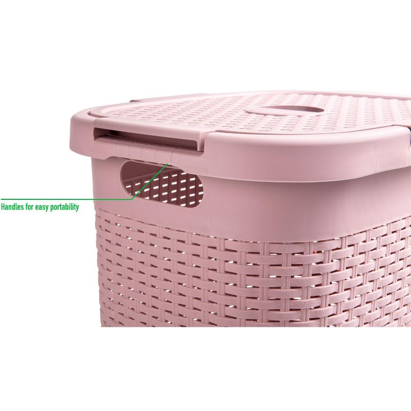 Mind Reader 60 Liter Hamper, Ventilated Clothes Basket with Carry Handles, Laundry Crate with Lid, Plastic Wicker, Pink, 4 of 15