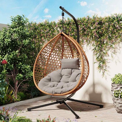 Outdoor Rattan Hammock Swing Chair with Gray Cushion,Wicker Hanging Egg Chair with Stand for Balcony Garden,Indoor Bedroom Egg Chair-Coolbibila