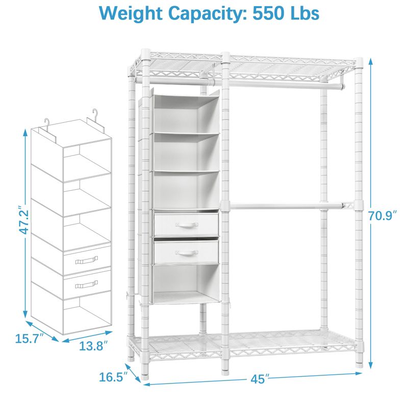 VIPEK V2E Wire Garment Rack Heavy Duty Clothes Rack with 6-Shelf Hanging Closet Organizer & 2 Drawers, Max Load 550LBS, White, 5 of 12
