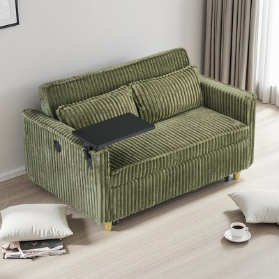 54.13" Corduroy Pull-Out Sofa with Movable Tabletop, USB & 2 Throw Pillows
