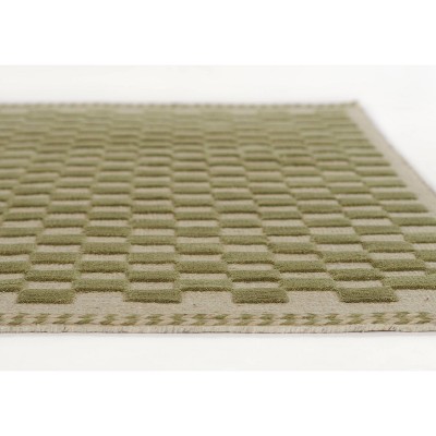 Green and Beige Handwoven Wool Checkered Runner Rug