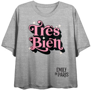 Emily in Paris Tres Bien Women's Heather Gray Short Sleeve Crew Neck Crop Tee - 1 of 3