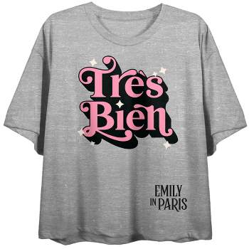 Emily in Paris "Tres Bien" Women's Heather Gray Short Sleeve Crew Neck Crop Tee