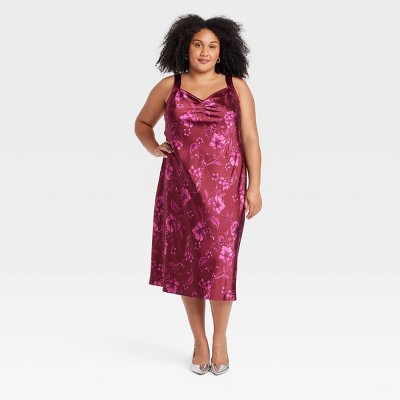 Women's Satin Midi A-Line Dress - Ava & Viv™ Burgundy Floral 1X