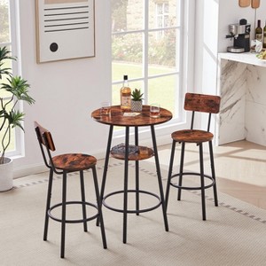 3 Piece Bar Table & Chairs Set, 2-Tier with Storage Table & 2 Bar Stools with Circular Shelf Footrest Backrest for Small Space, Rustic Brown - 1 of 4