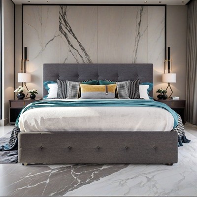 Queen Size Platform Bed with 4 Drawers and Twin Trundle, Upholstered Linen Fabric Platform Bed Frame with Classic Headboard- Leovsnove