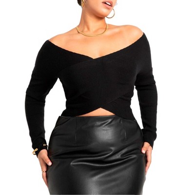 ELOQUII Women's Plus Size Wrap Front Cropped Sweater