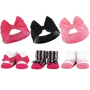 Hudson Baby Infant Girl Headband and Socks Giftset, Pink Black, One Size - 1 of 4