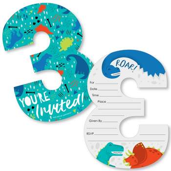 Big Dot of Happiness 3rd Birthday Roar Dinosaur - Shaped Fill-In Invites - Three Rex Dino Third Birthday Party Invitation Cards with Envelopes - 12 Ct