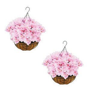 Artificial Geraniums Flowers with Brown Basket Set of 2, Artificial Hanging Flowers Plant, 12 Pcs Outdoor Flowers - 1 of 4