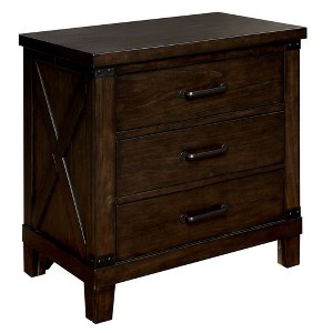 Royal Hampton 3 Drawer Nightstand with Metal Handle And Crossed Planked Side Panels, Brown - 1 of 4