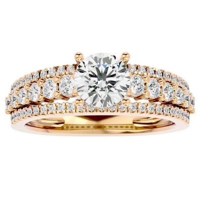 Pompeii3 1 1/2Ct 3Row Diamond & Moissanite Engagement Ring in White, Yellow, Rose Gold