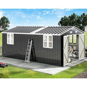 AMERLIFE Steel Storage Shed with 4-Pane Windows, Hinged Double Doors, Dark Grey/White - 1 of 4
