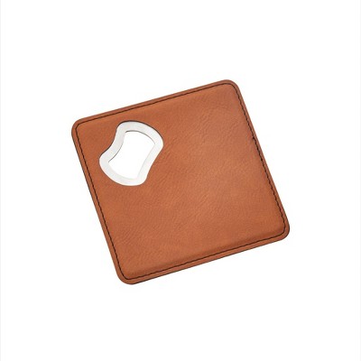 Slickblue 2-in-1 Coaster & Bottle Opener, 4"x4", Caramel/Grey Leatherette, Ideal Gift for Beverage Enthusiasts