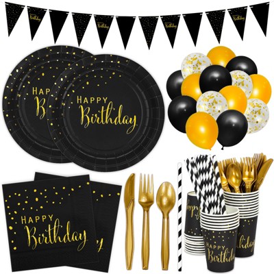 DYLIVeS Black Birthday Party Decorations Gold Foil Dots Happy Birthday Party supplies Paper Plates and Napkins Cups Straws Balloons Banner Cutlery