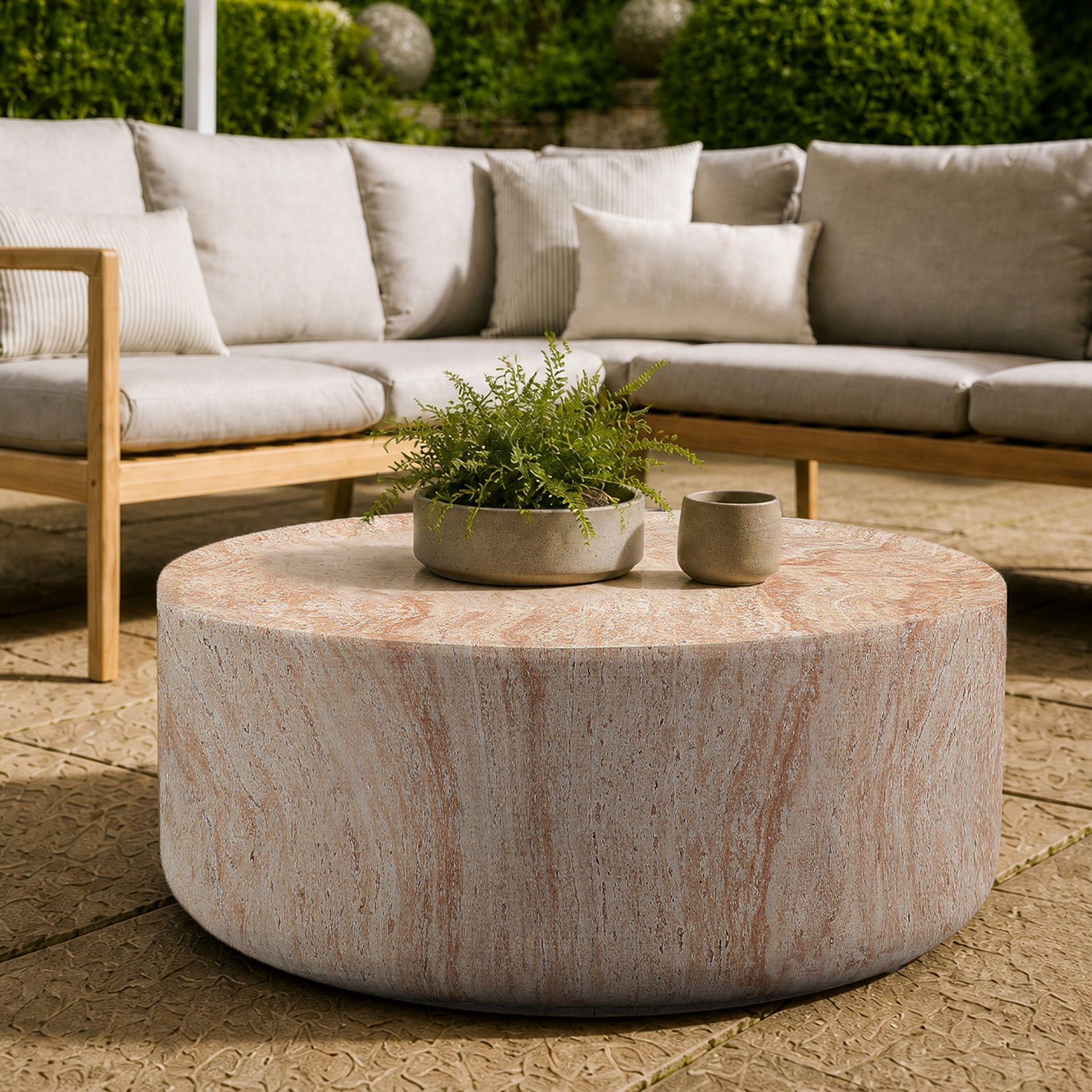 GDFStudio Baldwin Modern 31.89" Magnesium Oxide Outdoor Round Coffee Table, Beige/Yellow