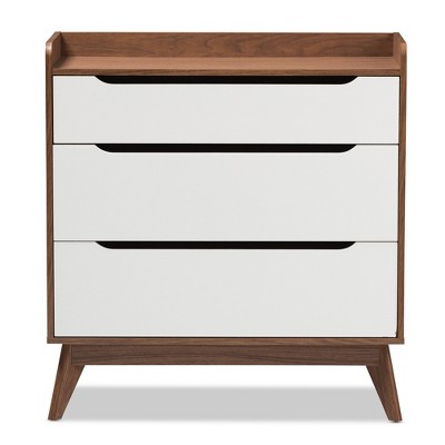 Mid-Century Modern White and Walnut Wood 3-Drawer Chest