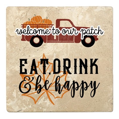 Christmas by Krebs Set of 4 Ivory and Black "welcome to our patch EAT, DRINK & be happy" Square Coasters 4"