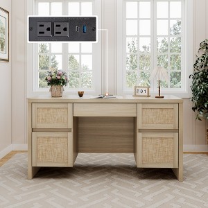 Brafabhome 57" Rattan 5-Drawer Executive Desk with Power Outlets, Modern Writing Desk Wooden Computer Desk with File Drawers for Home Office Bedroom - 1 of 4