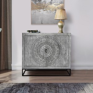 ORRD  39 Inch Handcrafted Accent Cabinet, Sandblasted Gray Mango Wood with Medallion Engraving & Black Iron Stand - 1 of 4