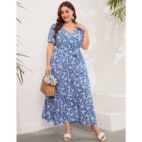 MISSKY Women Plus Size Maxi Dress V Neck Summer Dress Short Sleeve Long Dress High Waist Ruffle Casual Dress with Belt Flower Blue White 3XL