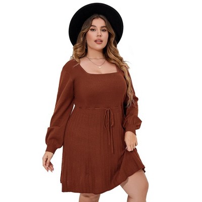 Womens Plus Size Lantern Sleeve A-Line Tie Waist Sweater Dress Casual Loose Winter Pullover Sweater Midi Dresses