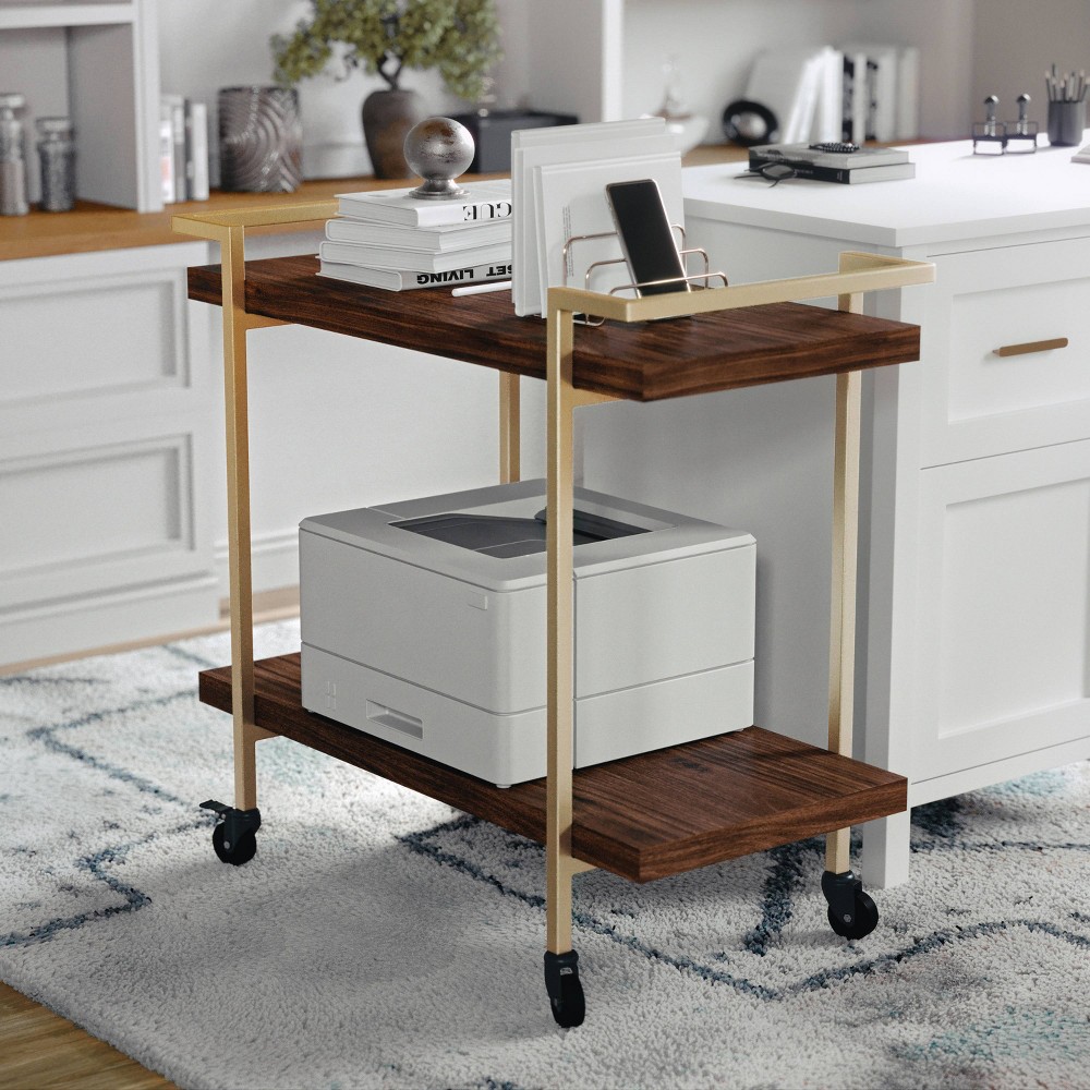 Photos - Other Furniture Martha Stewart 2 Tier Mobile Wood Grain Office Storage and Printer Cart with Polished Bra 