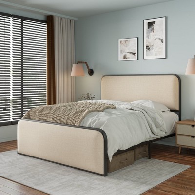 ALEXOUN King Size Modern Metal Bed Frame with Curved Upholstered Headboard and Footboard Bed with Under Bed Storage,Heavy Duty Metal Slats Beige