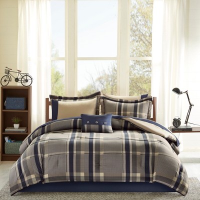 9 Pcs Contemporary Style Bed in a Bag Comforter Set, All Season Classic Plaid Design Dorm Bedding, OEKO-TEX Certified Bed Set with Matching Pillows