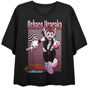 Juniors Crop Tee My Hero Academia: You're Next (Movie 4) - Ochaco Uraraka fight pose, wavy lines pink lines bg, logo on black crop - 1 of 3