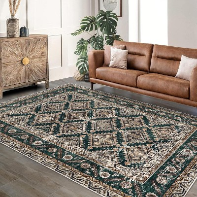 Durable Low-Pile Non-Slip Area Rug - Vintage Boho Style for Living Room, Office, Dining Room, Kids Room, and Farmhouse; Washable