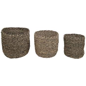 Northlight Set of 3 Striped Beige and Black Woven Seagrass Storage Baskets 14"