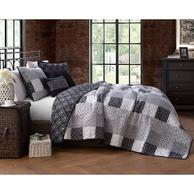 Avondale Manor Black and Gray Microfiber Queen Quilt Set