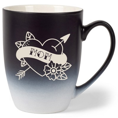 100 North Floral Heart 10 Ounce Black and White Two Toned Ombre, Comfortably Fits Your Hands, Ceramic Tea Coffee Cup Mug, Mom