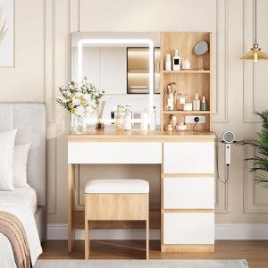 Vanity Desk with Mirror and Lights, Modern Makeup Dressing Table with Outlets, Storage Stool, 4 Drawers, 3 Colors LED & Hair Dryer Holder - 1 of 4