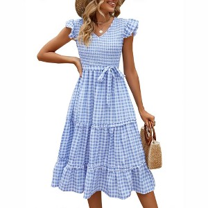 Women's Summer V Neck Smocked Maxi Dress Puff Sleeve Pregnancy Baby Shower Photoshoot Dress - 1 of 4