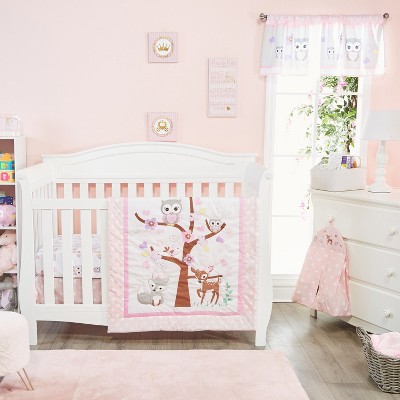 Everyday Kids 4 Pc Girls Crib Bedding Set - Owls - 100% Cotton Percale Quilt, Sheet, Dust Ruffle & Diaper Stacker