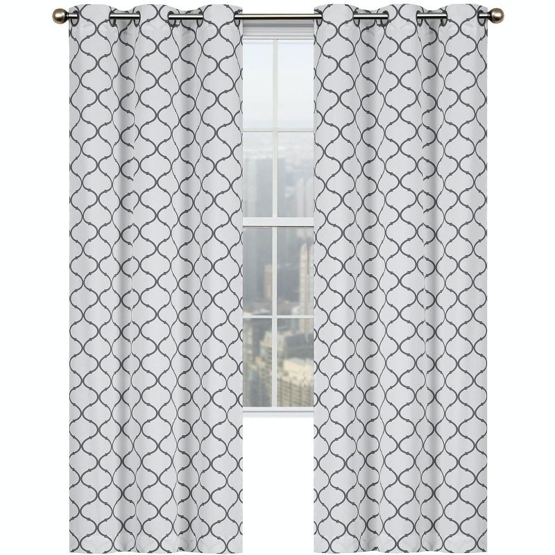Kate Aurora Contemporary Living 2 Pack Gray And White Trellis Clover Window Curtains - 38 in. W x 84 in. L, 1 of 4