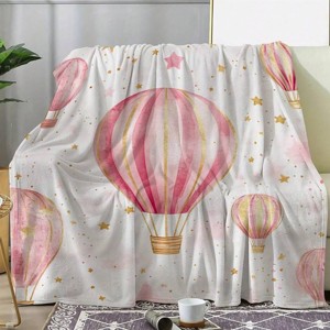 Lomsoe Soft & Comfortable Contemporary Pink Hot Air Balloon and Stars Print Flannel Throw Blanket Christmas Gift. - 1 of 4