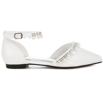Aouva Rhinestone & Pearl Ankle Strap Flat Women Sandals