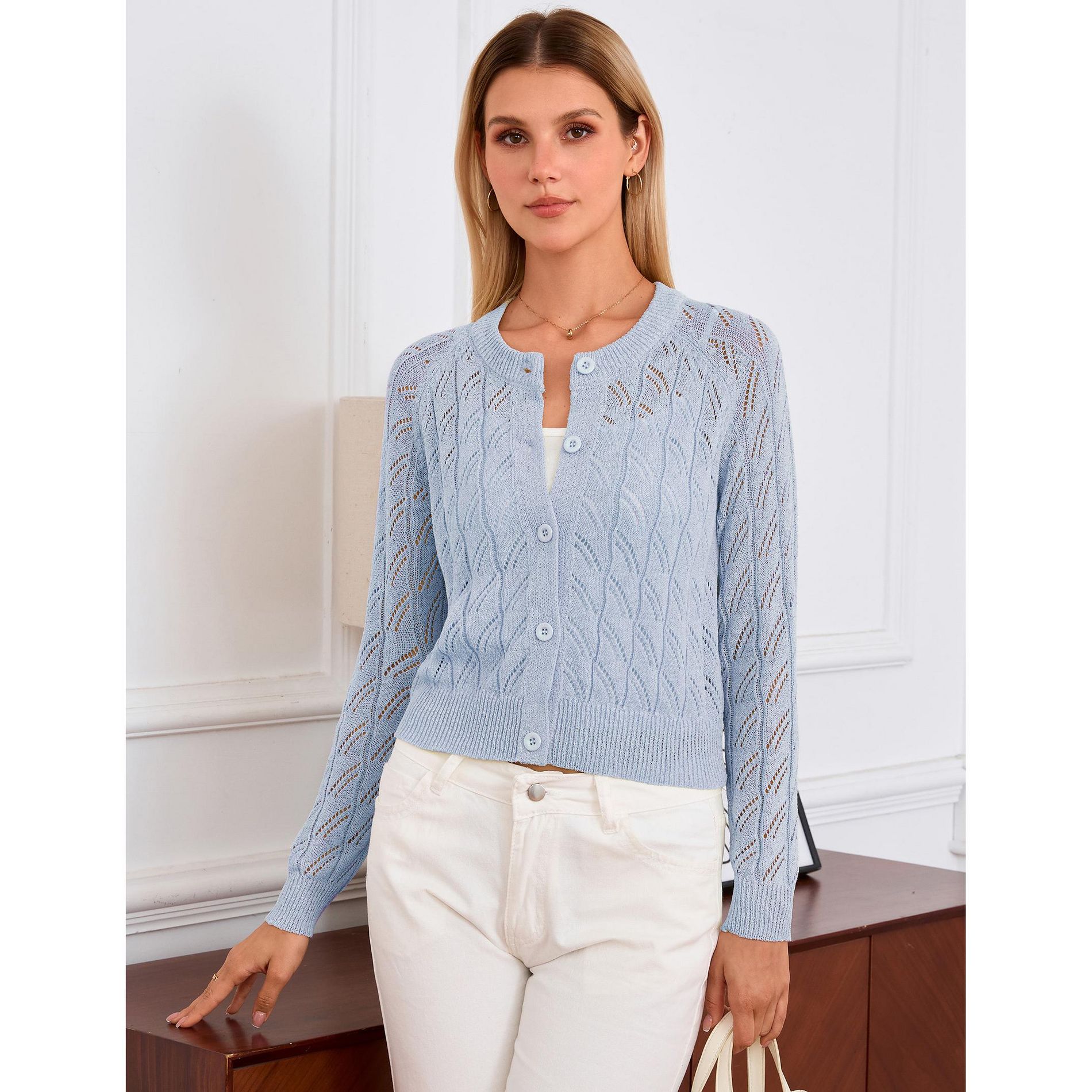 Women's Round Neck Button-Front Cardigan - Openwork Lace Knit Long Sleeve Cover-Up
