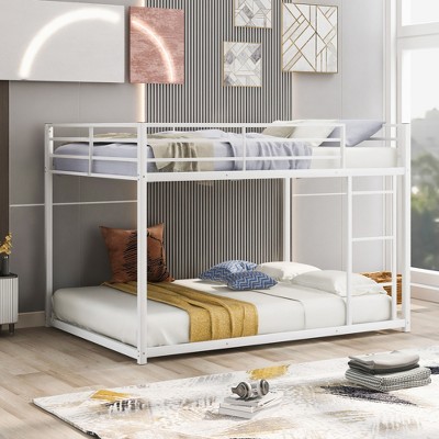 ALEXOUN Low Metal Bunk Bed Frame for Kids,with Built-in Ladder,High Guardrail,Metal Slats,No Boxspring Required,for Small Spaces