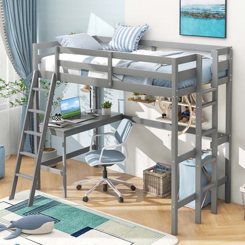 Costway Twin Size Loft Bed W/ Desk & Shelf 2 Ladders & Guard Rail