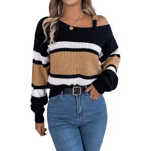 Asymmetric Pullover Sweater Strap Color Block Off Shouder Sweater Cable Knit Winter Tops Long Sleeve One Shoulder Sweaters Fall Fashion Outfits - 1 of 4